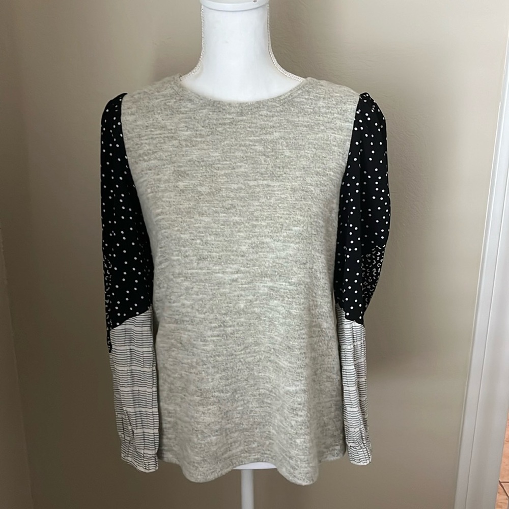 THML Cream Sweater with Black Polka Dot & Striped Sleeve Panels